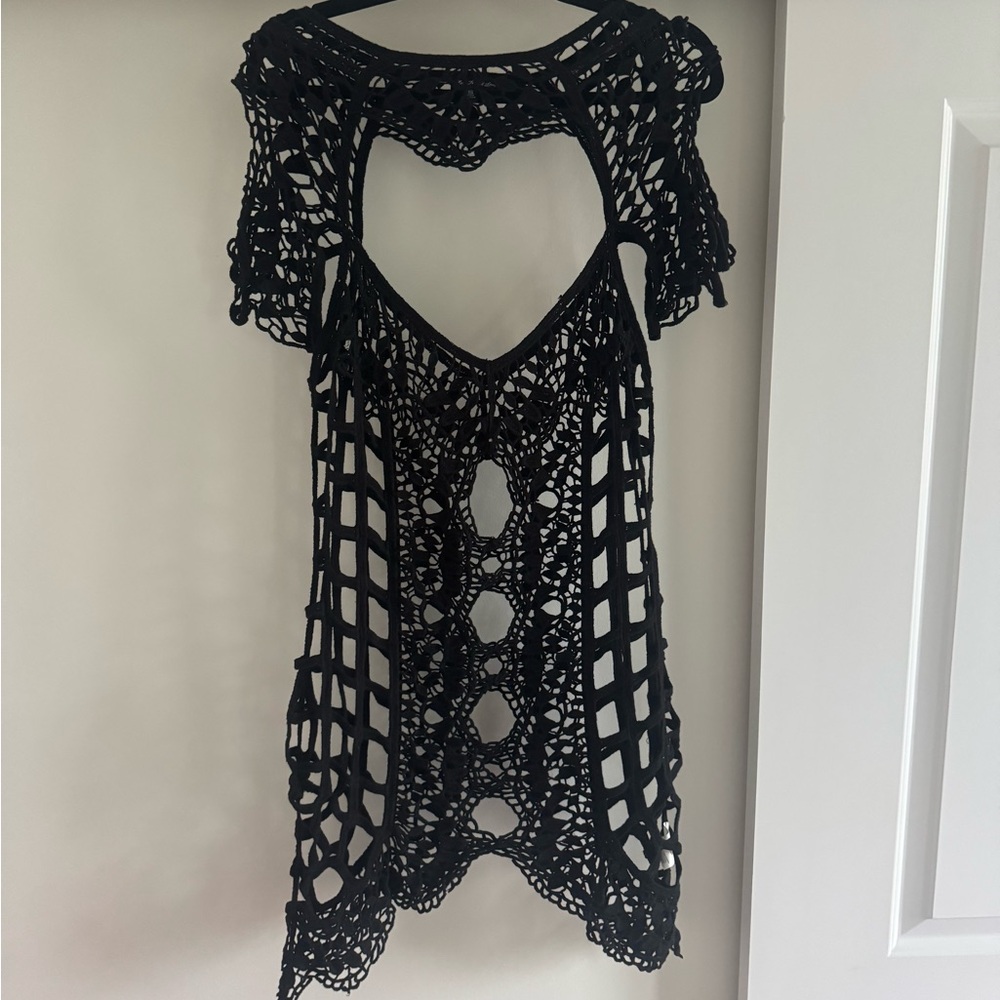 For Love & Lemons Black Crochet Beach Cover-Up